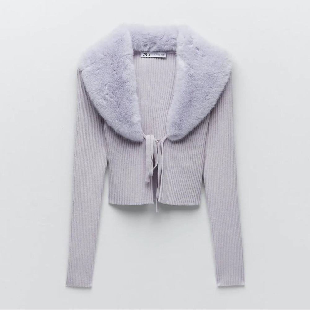 Zara Lilac Ribbed Cardigan with Faux Fur Collar